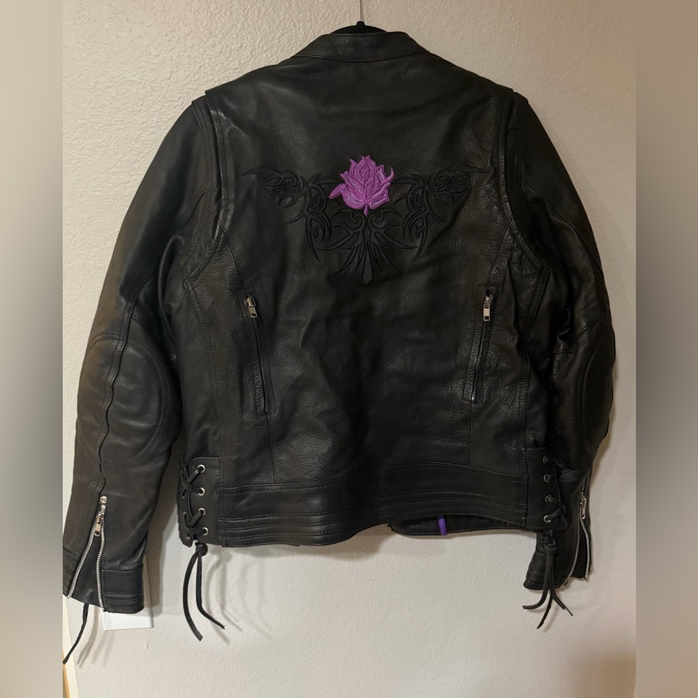 Unik women’s leather motorcycle jacket black purple pink - medium - flower